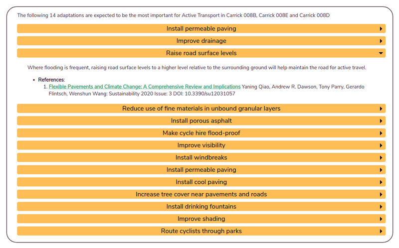 Screenshot showing 14 suggested adaptations for active transport in the selected area, one is expanded called 'Raise road surface levels' to show an explanation and the scientific reference.