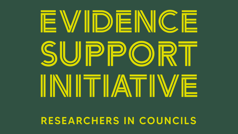 Lime and dark green logo with the words 'evidence support initiative, researchers in councils'