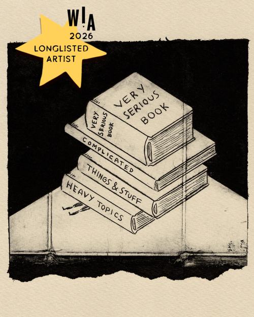Print of stack of books squashing a person underneath - the books have titles including 'very serious book', 'complicated', 'things and stuff', and 'heavy topics'