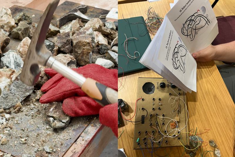 Someone wearing gloves breaking a rock with a hammer on the left, and someone building a "techno kick drum" circuit on a cardboard crystal synth on the right.